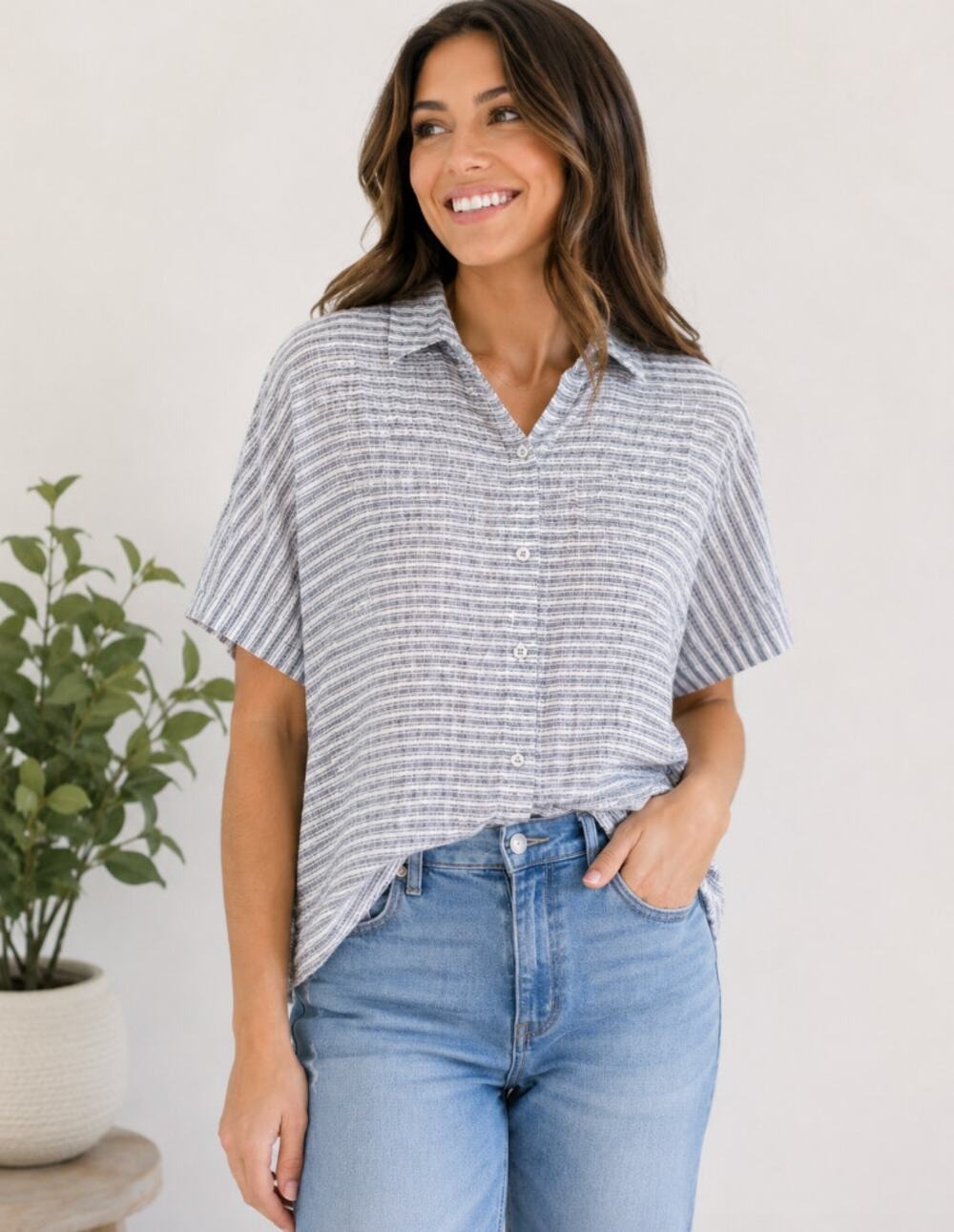 CAbi 5257 Hacienda Stripe Short Sleeve Blouse Linen Blend Medium Slouchy